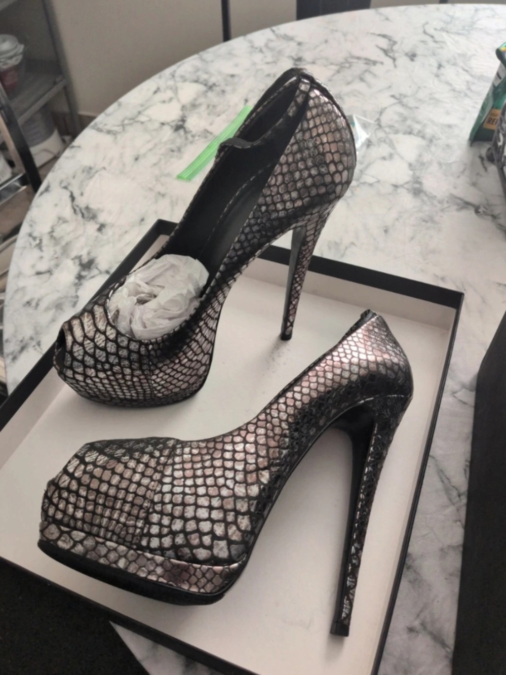 Giuseppe Zanotti Metallic Snake-Print Peep-Toe Platform Pumps - Silver/Black